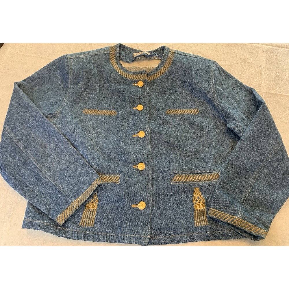 Women's L Blue Denim Button Down Jean Jacket 90s  Bloomingdales Gold Embroidered